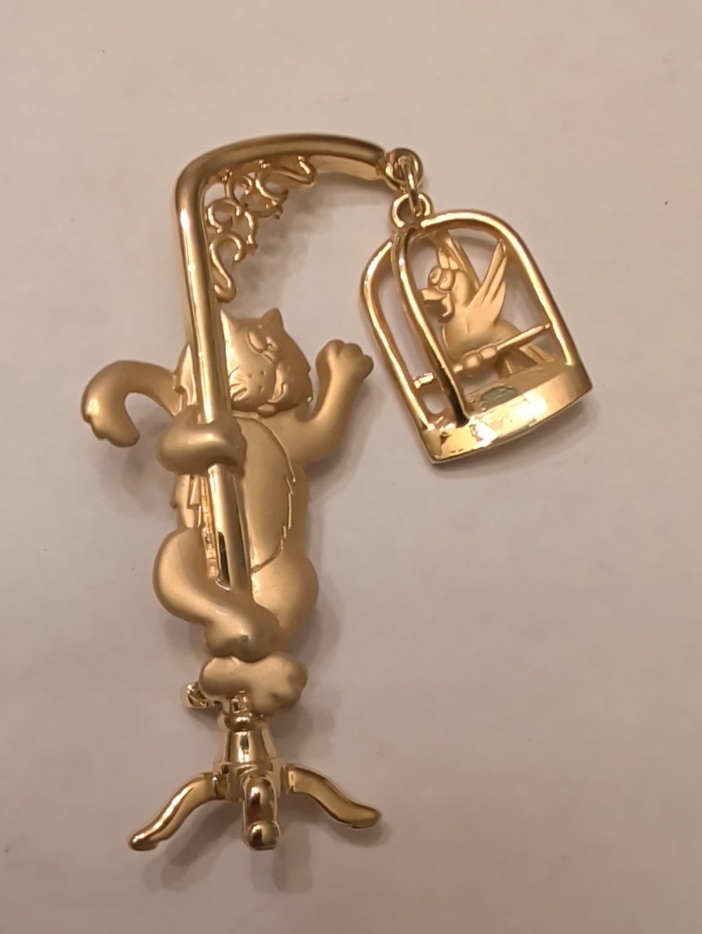 Vintage Gold Cat & Birdcage Brooch - Gold